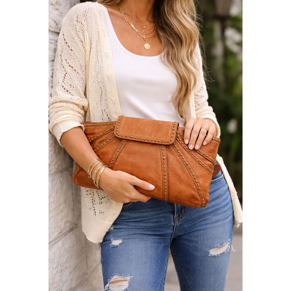 Kooba Studded Leather Clutch Bag Camel Brown Boho Foldover Large